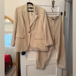 Zara Cream Blazer and Trousers with Black Pinstripes
